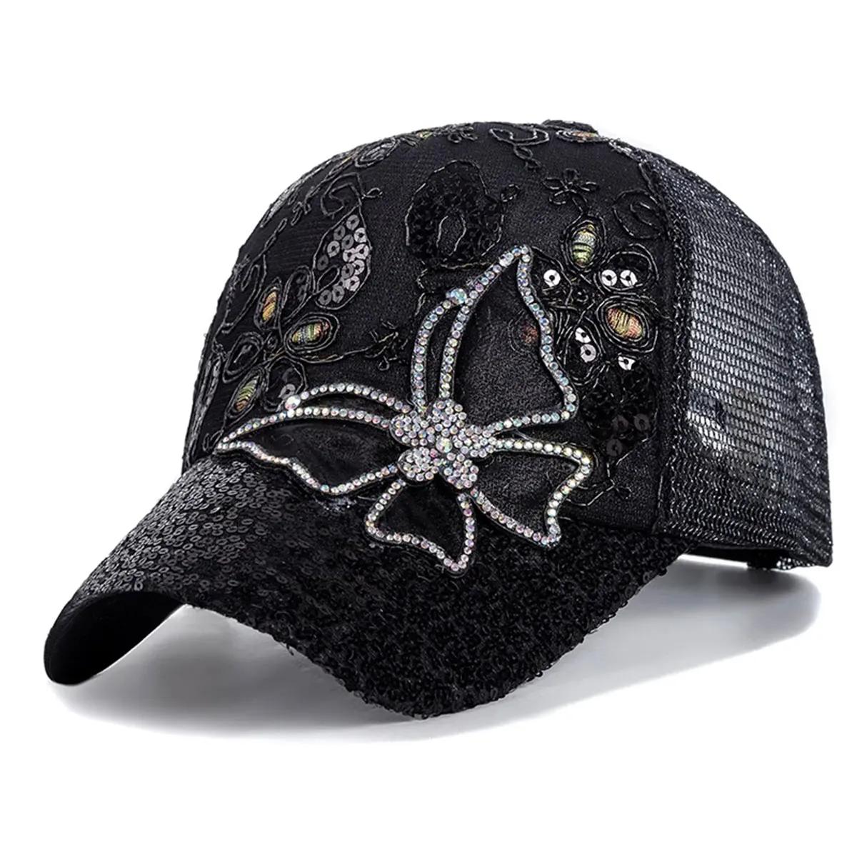 

Unisex Butterfly Lace Glitter Baseball Net Caps Spring and Summer Outdoor Adjustable Casual Hats Sunscreen Hat чорний