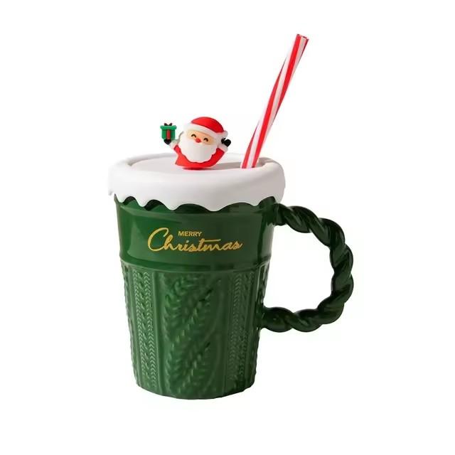 

Christmas Ceramic Lidded Mug With Straw Santa Claus Christmas Tree Decoration Mugs Christmas Giftware Surprise Items Supplies 400ml зелений