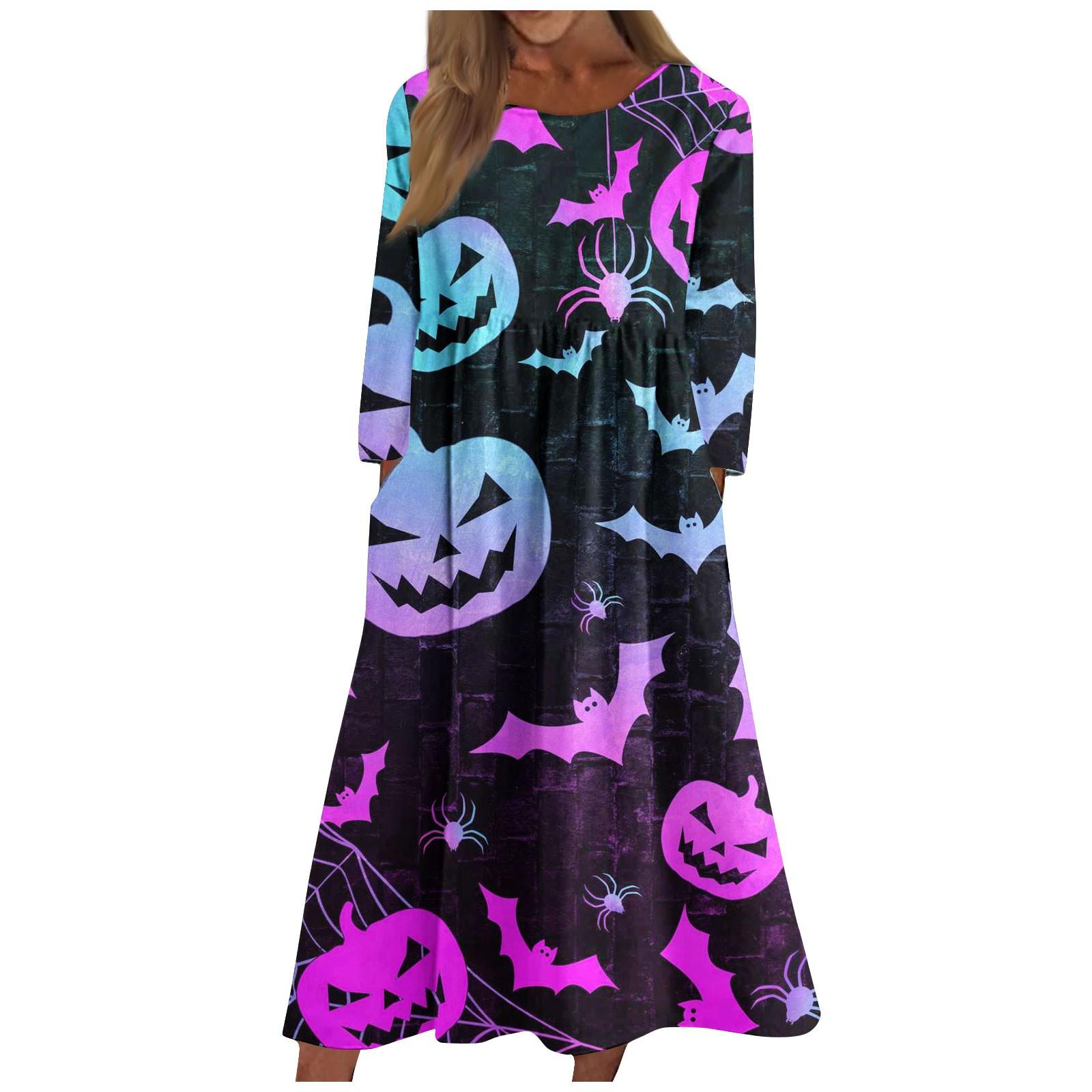 Женское повседневное платье с круглым вырезом и длинными рукавами с принтом на Хэллоуин — фото 3