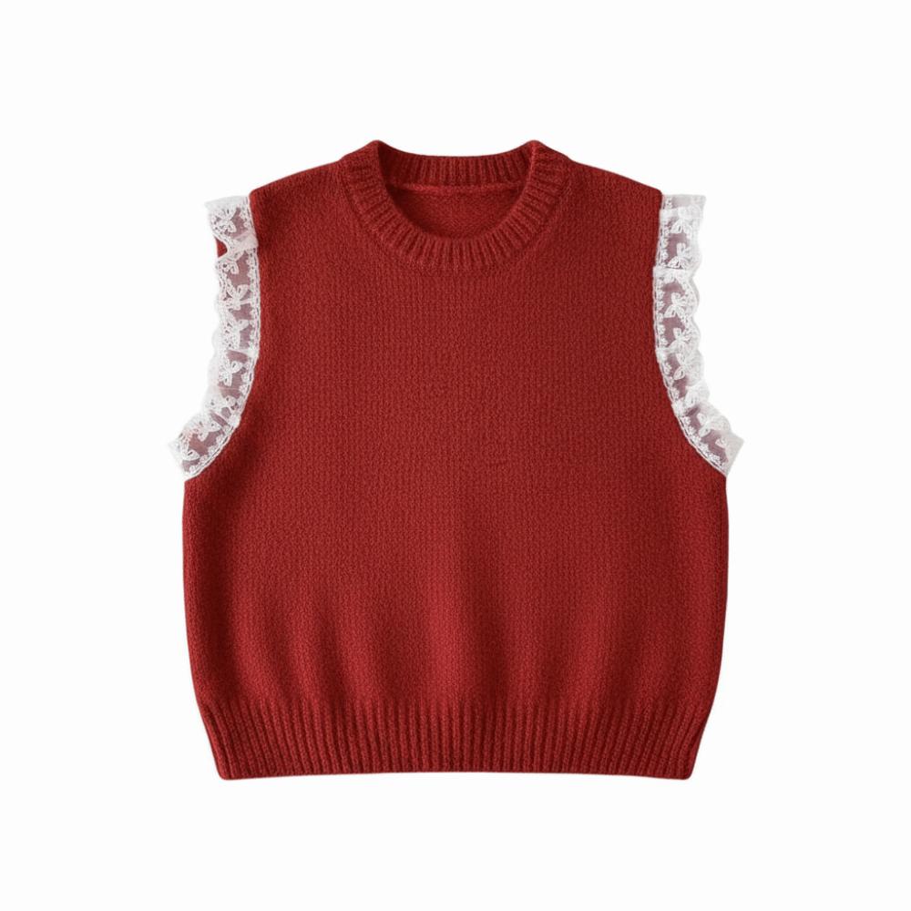 Pullover Knitted Waistcoat Top Solid Color Vest Crop Top Retro Lace Sleeveless Sweater  Girls