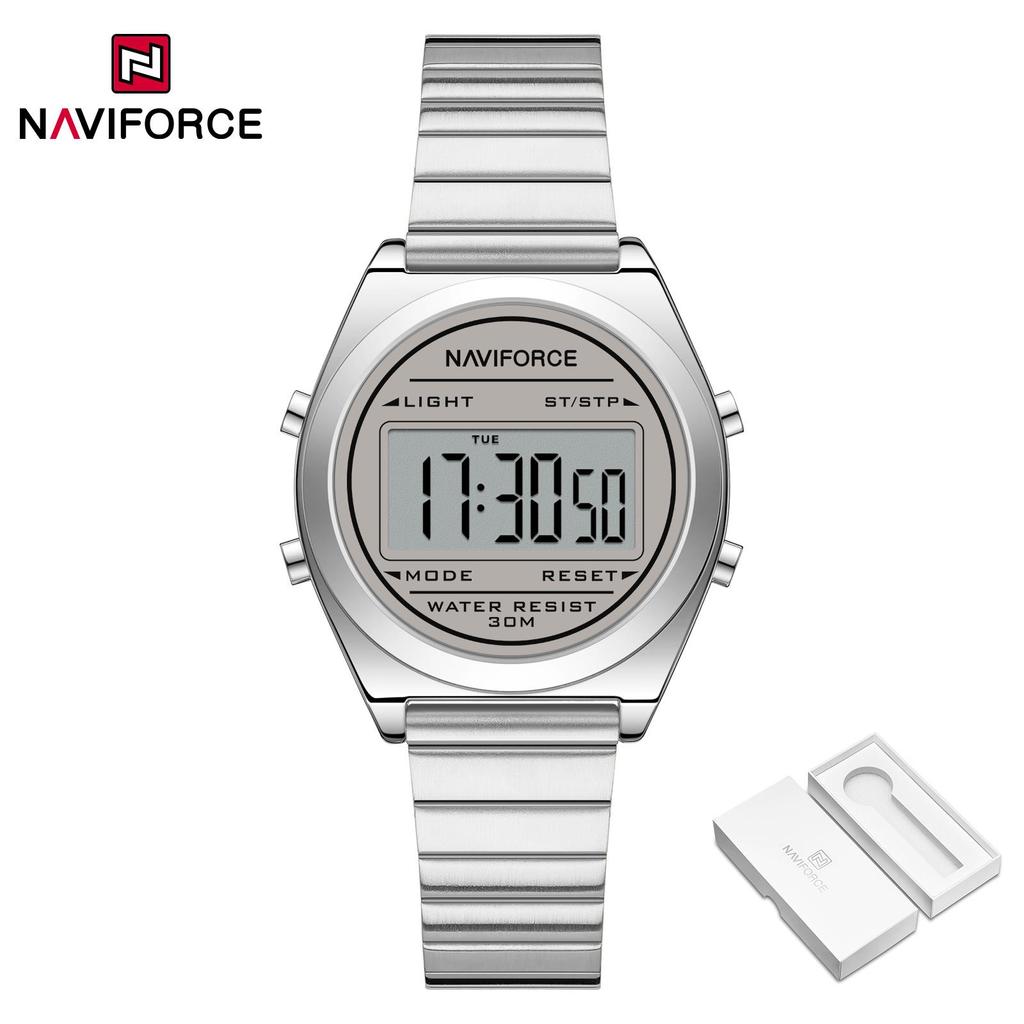 Naviforce Original Women Digital Watch Stainless Steel Strap Waterproof Calendar Chronograph Night Pattern Lady Girl Casual Fashion Watch NF5066