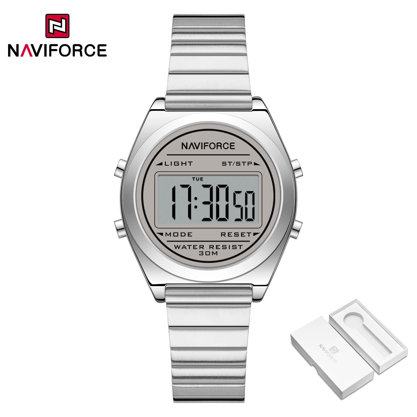 

NAVIFORCE Original Women Digital Watch Stainless Steel Strap Waterproof Calendar Chronograph Night Pattern Lady Girl Casual Fashion Watch NF5066 серый/серебряный
