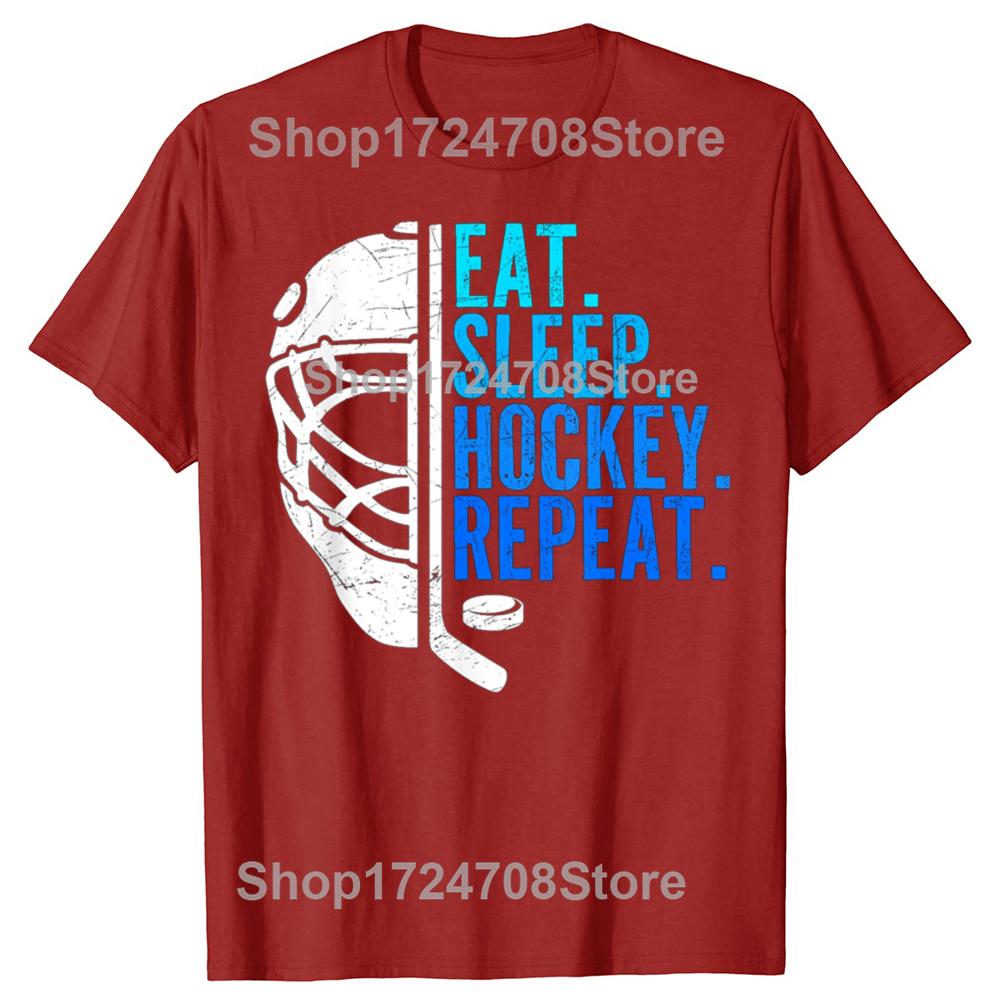 Eat Sleep Hockey Repeat Funny Boys Hockey Player Graphic T-shirts Men Fashion Casual Tshirt 100% Cotton Loose Oversized T Shirt