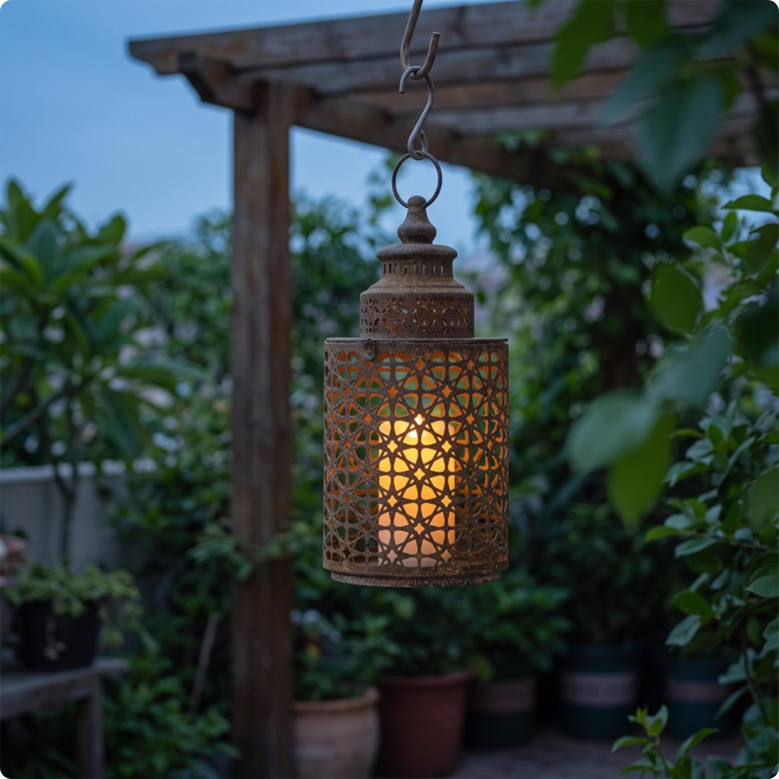 Iron candle Lantern with Circular Grip Handle AntiqueStyle Perforated Metal Rustic