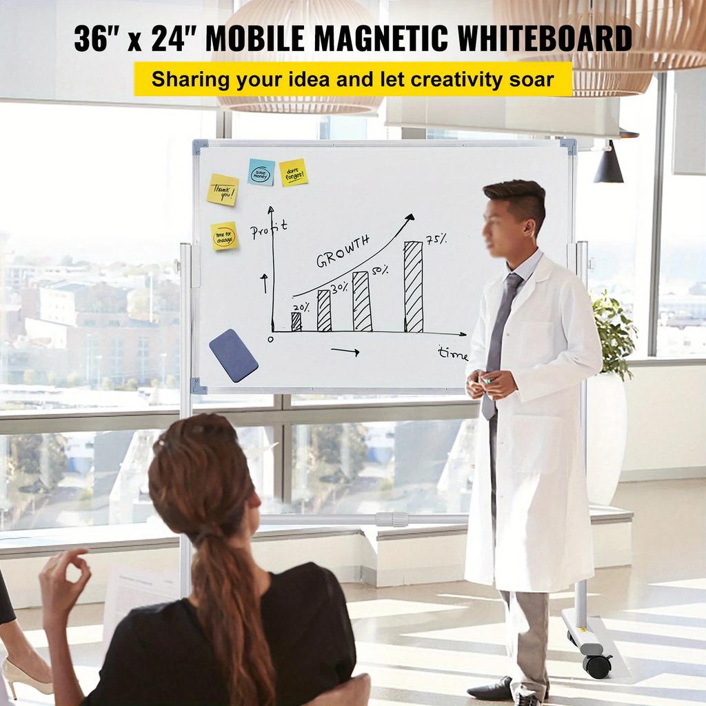 Mobile Magnetic Whiteboard, Writing Board Rolling Eraser Board Adjustable Height with Aluminum Frame and Lockable Rotating Wheel