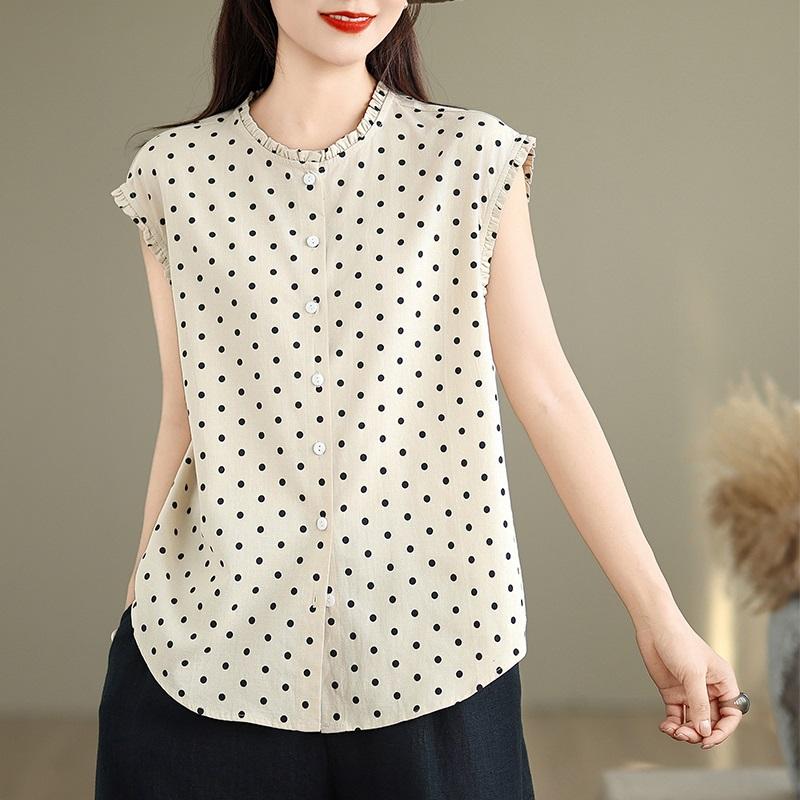 Kurzarm Oversize Baumwolle Pünktchen Vintage Hemden & Blusen für Bluse Lässig locker Sommer Oberteile Damen Knopfleiste Hemd