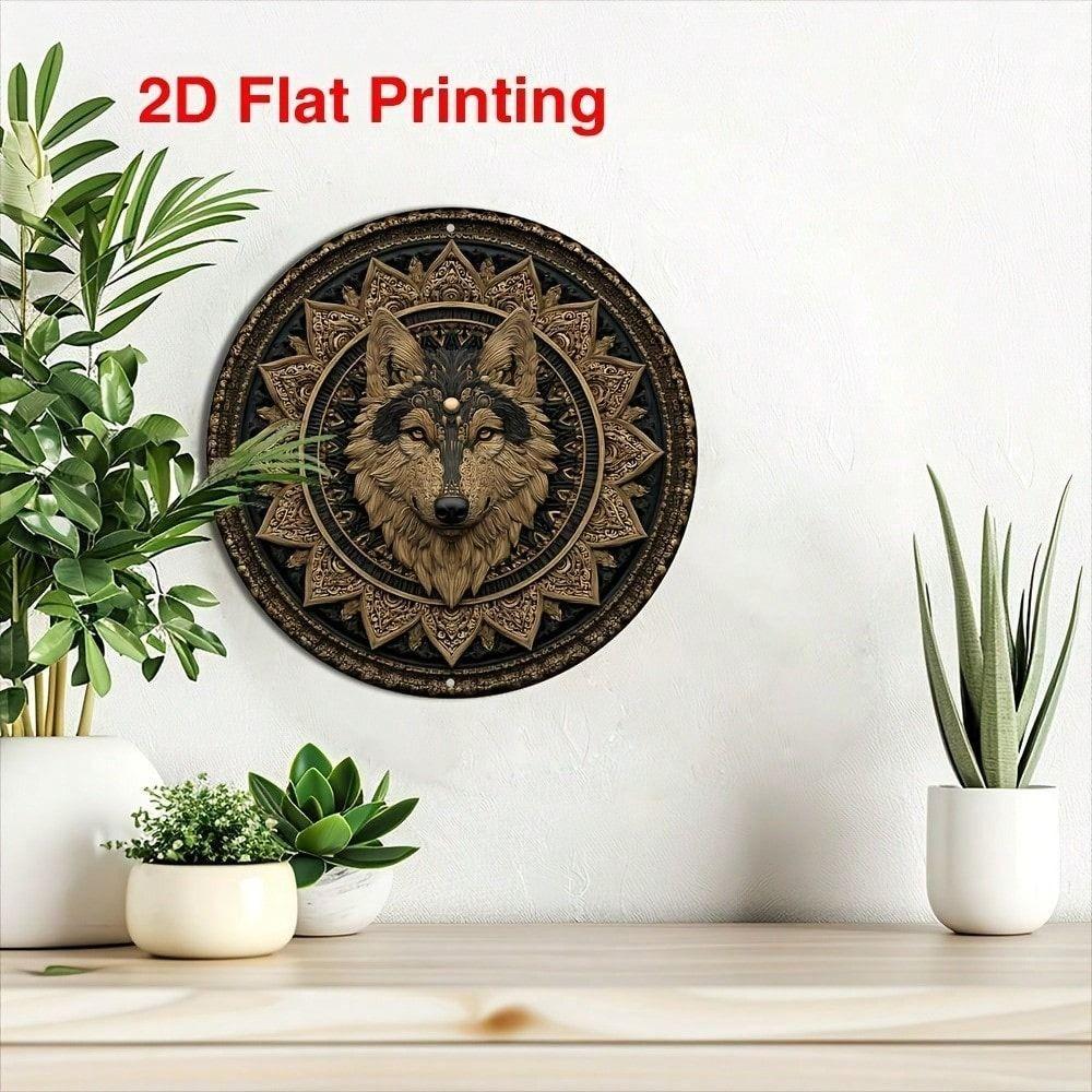 Boho Wolf King Round Metal Wall Art 8x8 Inch Home Decor Tin Sign