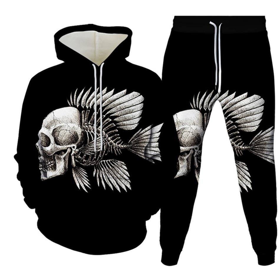 New Men's Tracksuit Sets Goth Punk Skull Fire 3D Printing Hoodies Pants Suit High Quality Skeletons Pullover Streetwear Oversized