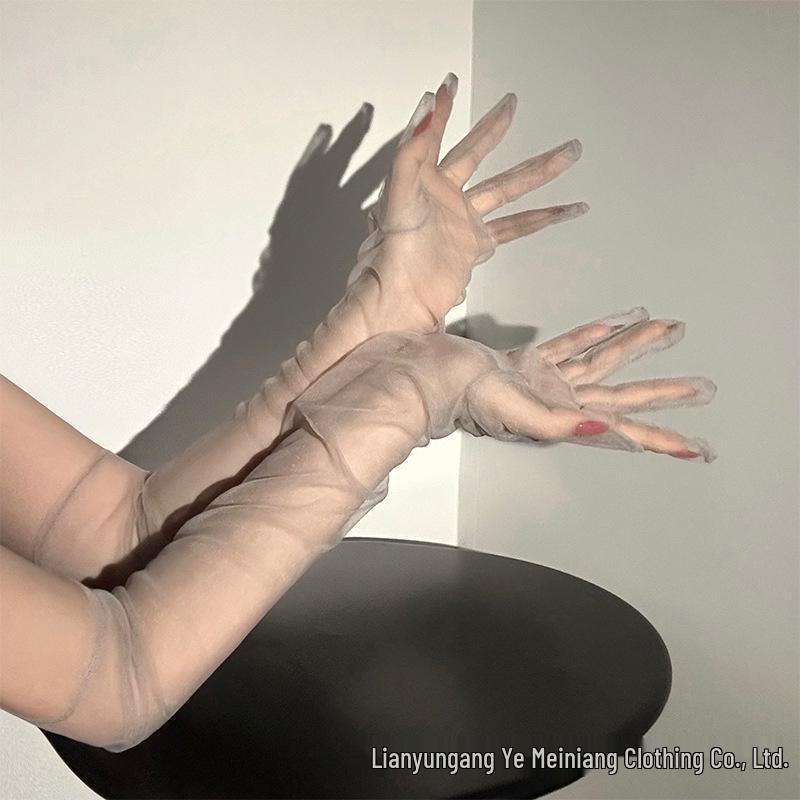 Elegant Wine Red Sheer Gloves for Women - Summer Bridal Wedding Long Arm Sleeves Lingerie