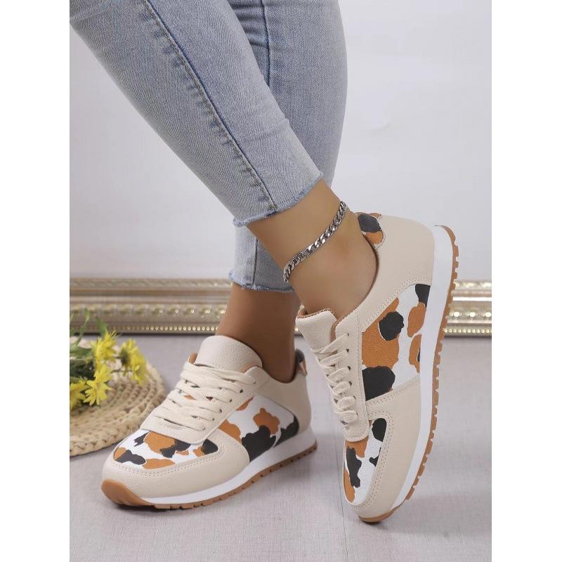 New platform leopard print lace-up casual sports shoes women's large size low-top single shoes running shoes