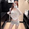 Womens White Striped Bikini Set With Long Sleeve Rash Guard Top High Waist Bottoms UV Protection Swimwear