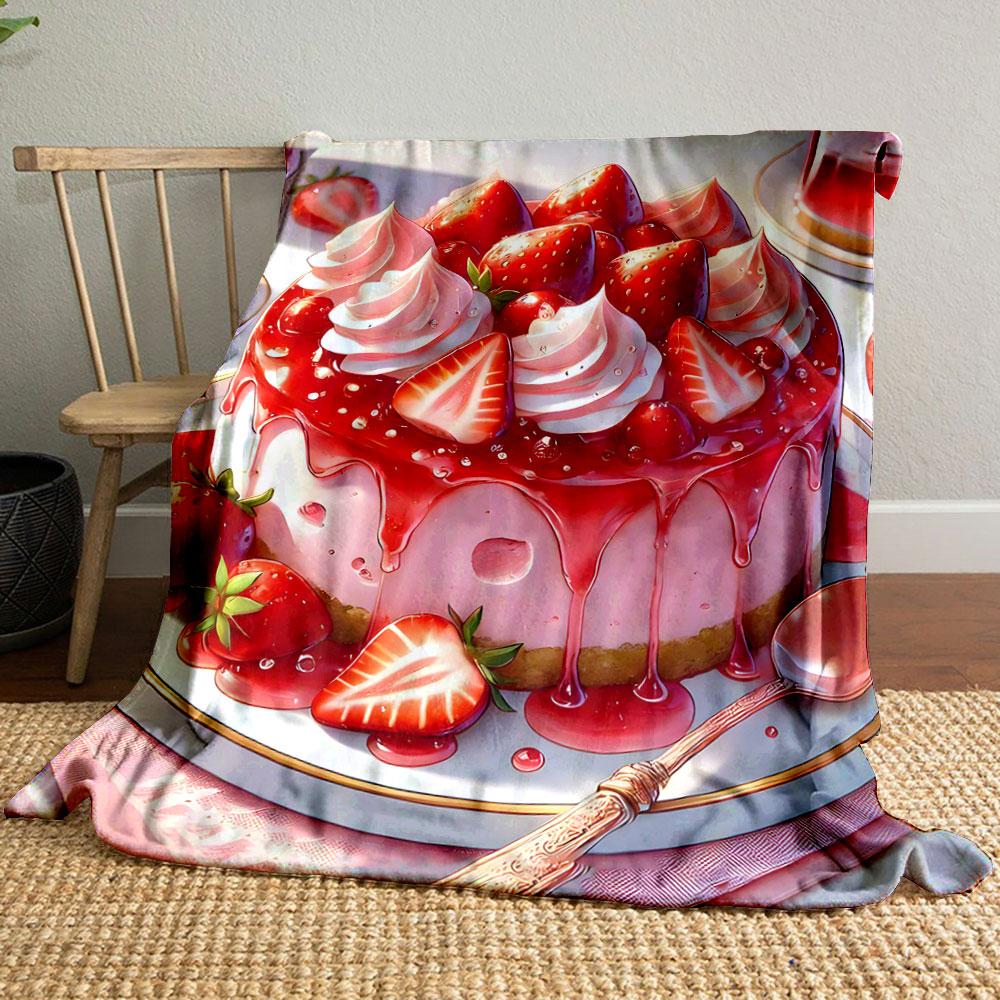 A Strawberry Cake Topped with Whole Berries, Whipped Cream, and Syrup. for All Seasons Blanket Lunch Break Throw Gift