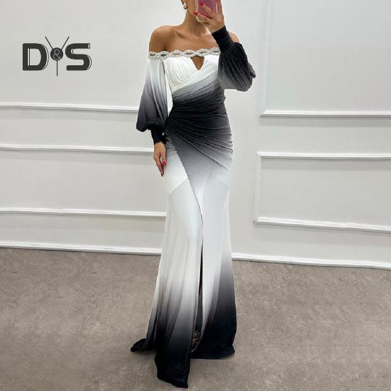 Abendkleid für Damen, schulterfrei, ausgehöhlt, Strass, Hochzeitskleid, schmales, plissiertes Maxikleid für den Abschlussball, lange Laternenärmel, geschlitzter Saum, Kontrastfarbe, Ballkleid