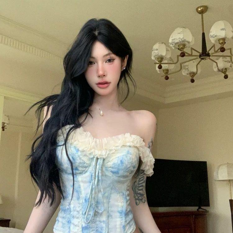 Women s 2026 Summer Romantic Strappy Bustier Blue Tank Top S
