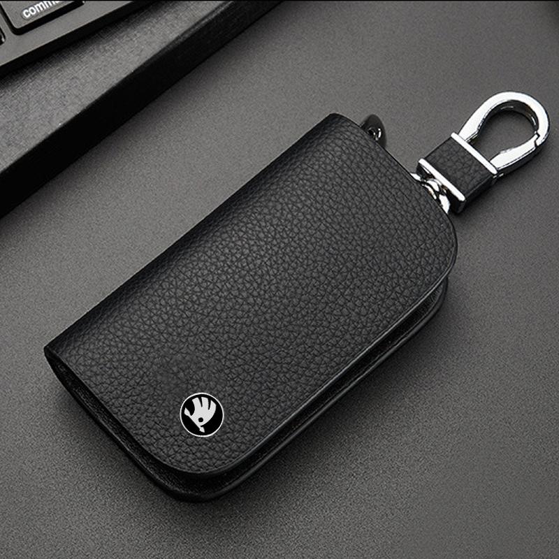 Genuine Leather Key Case Zipper Key Cover Car Accessories Tools for Skoda RS Rapid Yeti Karoq Vision Octavia Kodiaq Kamiq Fabia BI7