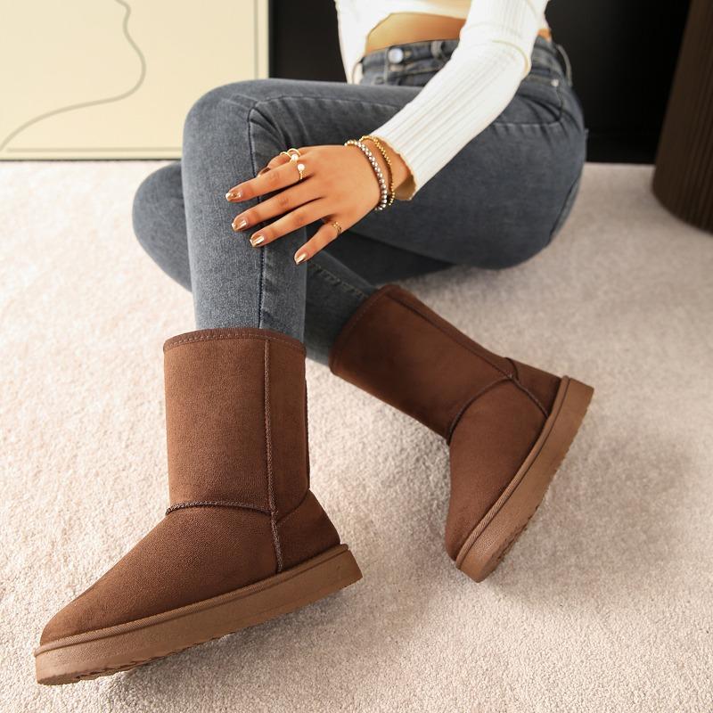 Women's New Autumn Winter Faux Short Fur Slip on Round Toe Flat Rubber Mid Calf Snow Boots