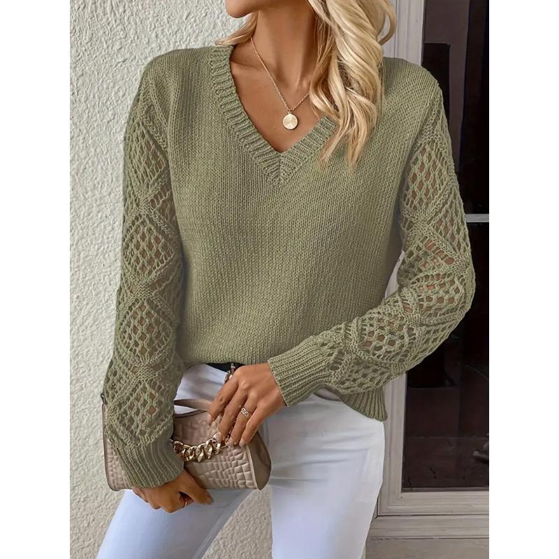 V-Ausschnitt Lochmuster Damen Strickpullover Einfarbig Langärmelige Pullover Neu Gemütlich Koreanischer Stil Damen Bequeme Kleidung