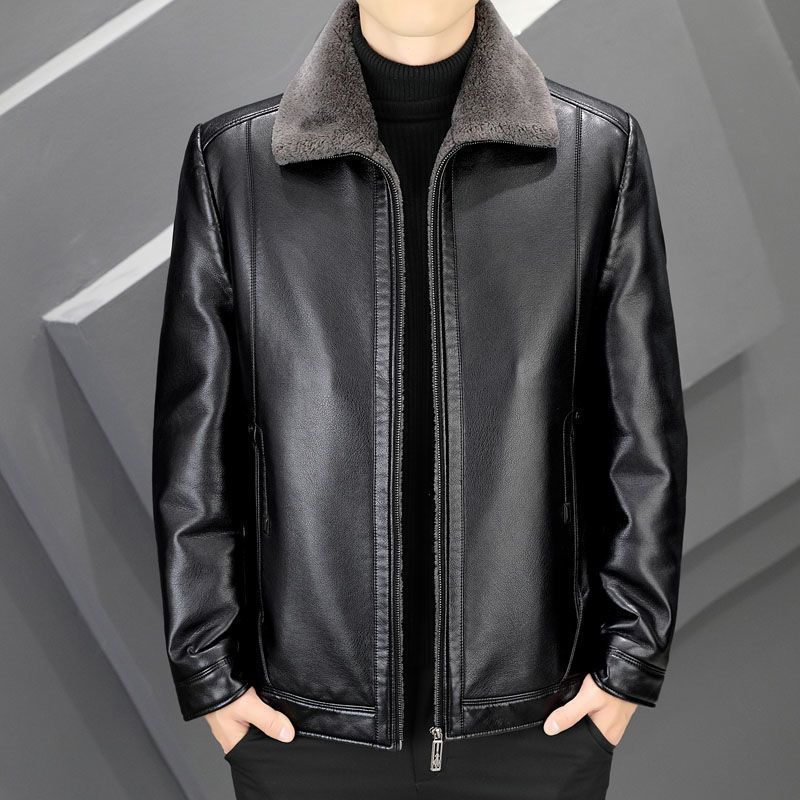 New leather jacket men's lapel collar fleece thickened cold-proof and warm autumn and winter jacket