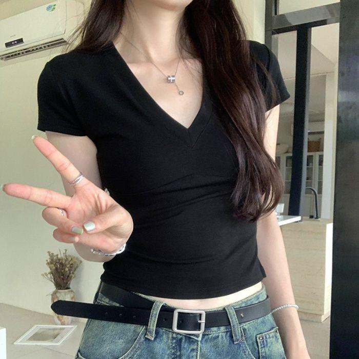 Korean V-Neck Short Sleeve T-Shirt - Women's Summer Trendy Petite Hot Girl Top
