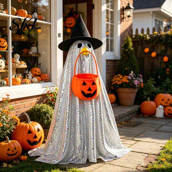 Ghost Outfit for Garden Goose Halloween Costume, with Shiny Sequin Decor, Decorative Accessories Statue Atmosphere Prop, Holiday Yard Decorations Cute