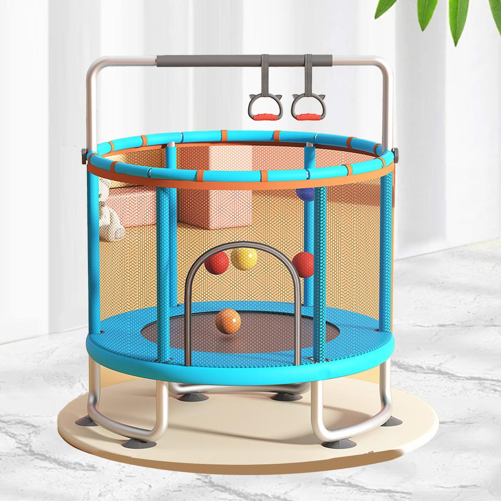 Kinder Trampolin Innen Außen Klein Fitness Trampolin Spielzeug mit Sicherheitsnetz Basketballkorb Gymnastikringe Schaukel für Jungen und Mädchen