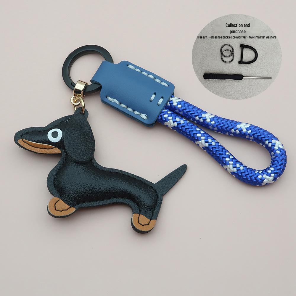 Mini Dachshund Cowhide Keychain: High-Quality Anti-Lost Lanyard with Cute Doll Pendant