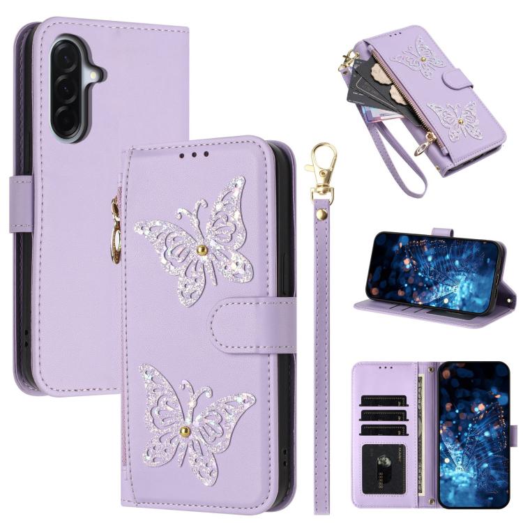 Glitzer Schmetterling Reißverschluss Veganes Leder Handyhülle Für Galaxy A07 4G / A06 5G / A06 4G, Kartenhalter Handgelenkschlaufe Stoßfeste Hülle