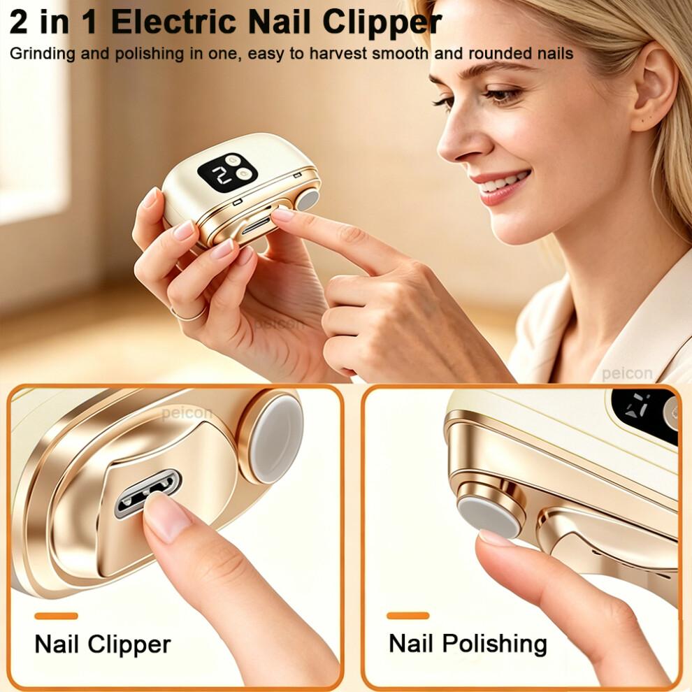 (beige) Elektrische Nagelschere Wiederaufladbarer Elektrischer Nageltrimmer Mini Tragbarer Elektrischer Fingernagelschneider Nagelpolierer mit Beleuchtung