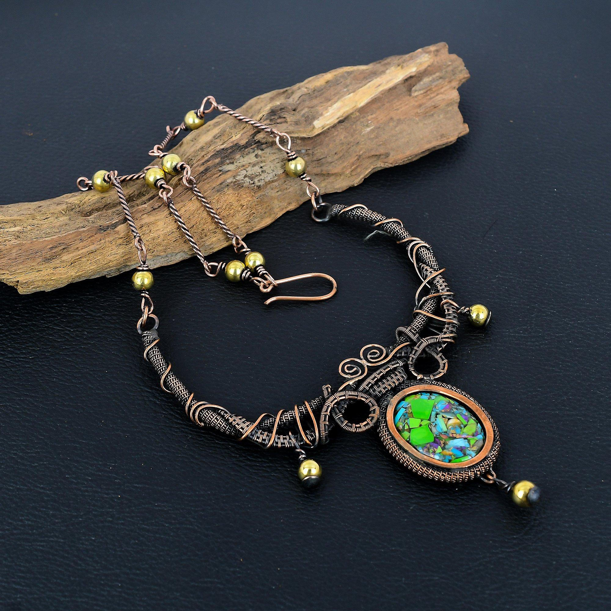 

Ожерелье с бирюзой Кингман Фиеста, Ювелирное изделие-ожерелье, обернутое медной проволокой 999 пробы, Ожерелье из драгоценных камней с регулируемой цепочкой, Ювелирное изделие ручной работы, Подарок для друга