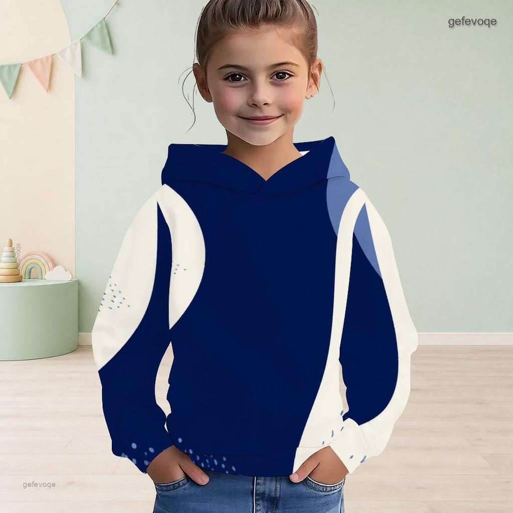 Girls Long Sleeve Hooded Pullover Abstract Printed Navy And White Sweatshirt