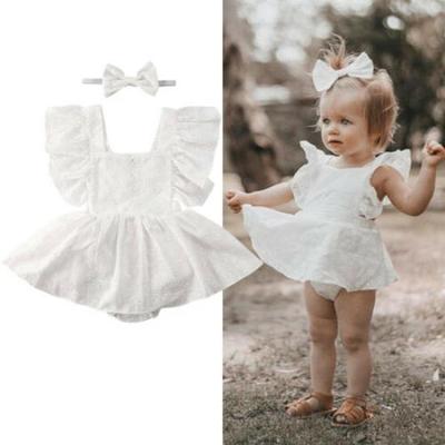 Baby Dievčenské volánikové šaty Kojenecké Čipkované Tutu body Biela jednofarebná letná kombinéza + čelenka