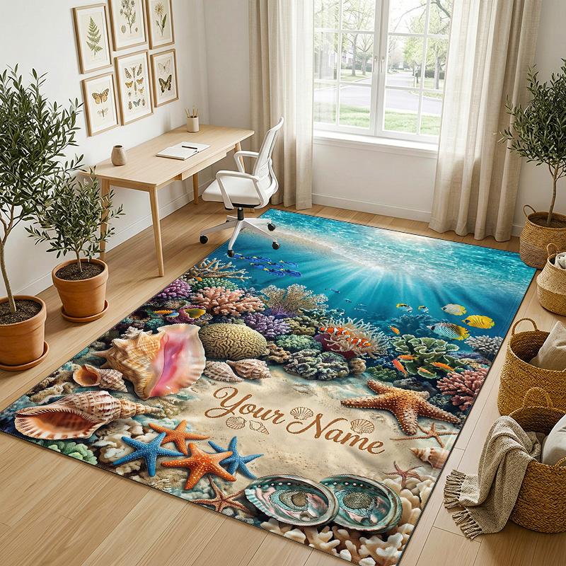 Underwater Coral Paradise Theme Soft Crystal Velvet Rug Custom Name & Text Print Non Slip Floor Rug for Bedroom Living Room