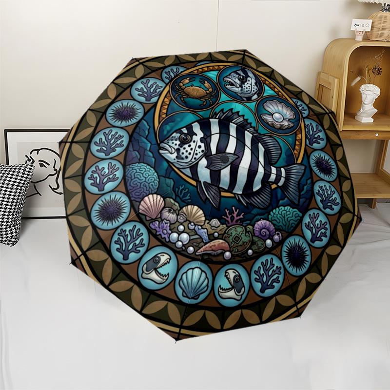 Marine Life Glass Pattern Umbrella, Portable and Foldable Design, 8 Ribs, a Casual Accessory for Halloween, Christmas, and Birthday Gifts.