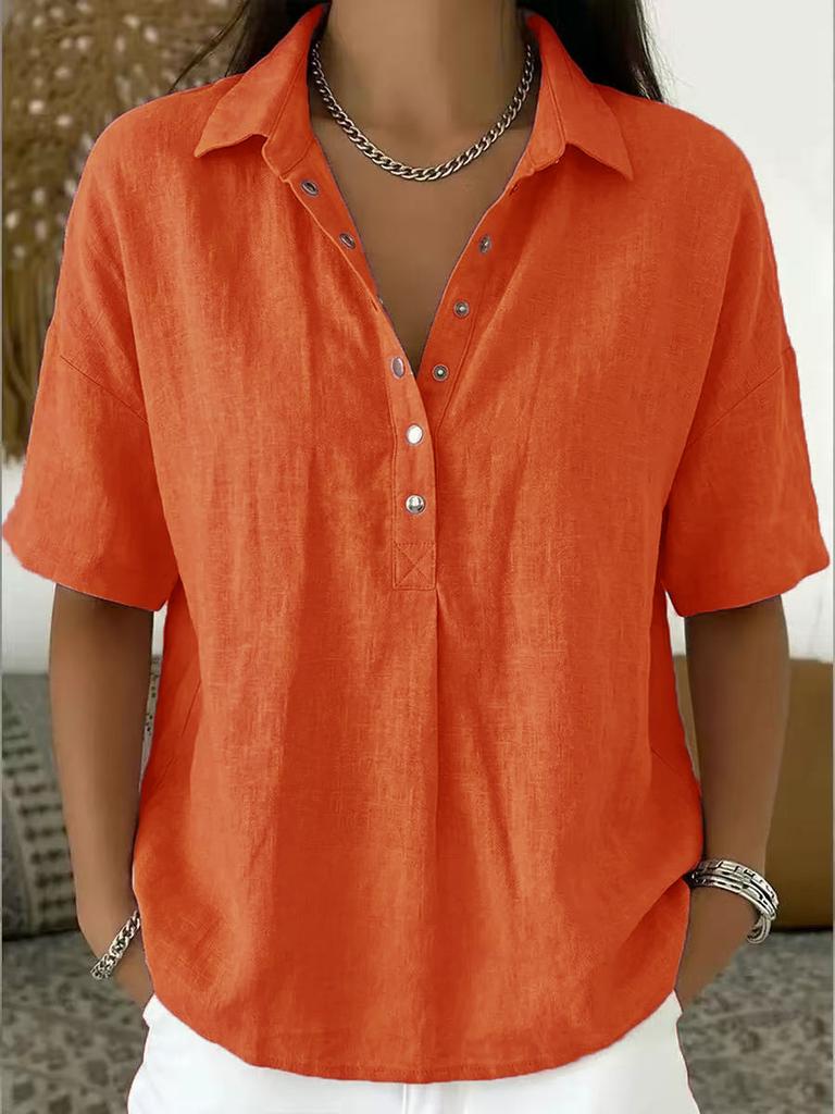 Women Loose Solid Color Lapel Short Sleeve Casual Shirt