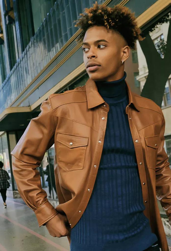 Lambskin Genuine Stylish Casual Men Shirt Tan Handmade Formal Leather