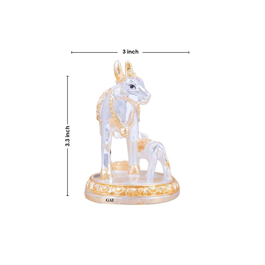 Kamdhenu Cow with Calf Idol Gold Silver Plated (Two-Tone)| Home Decor Gaay Bachda Cow |Calf for Vastu | Positive Energy