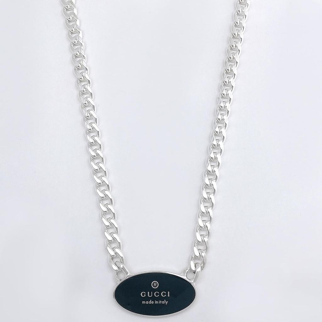 Gucci Trademark Oval Tag Necklace Pendant In Black and 797049 J8410 8163 Silver, [Used]
