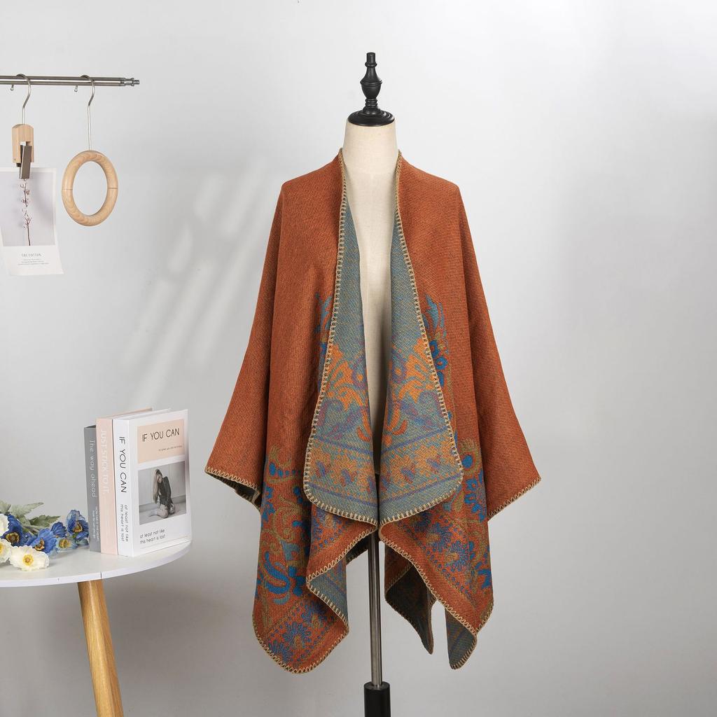 Double-Sided Imitation Cashmere Jacquard Split Women'S Shawl Warm Thickened Shawl Air-Conditioned Room Travel Cloak