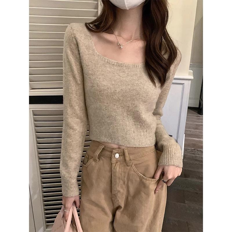 Hot Girl Sexy Clavicle Square Neck Pullover Sweater for Women Autumn and Winter Slimming Thickened Sweater Bottoming Inner Top