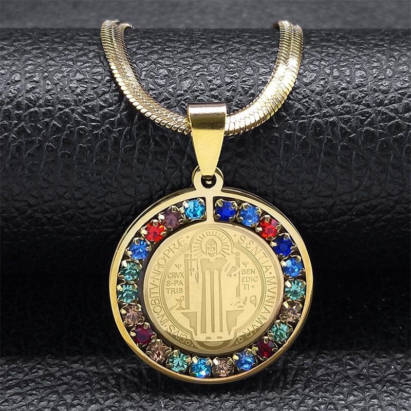 Saint Benedict Medal Pendant Ornaments New Hip Hop Round Coin 60CM