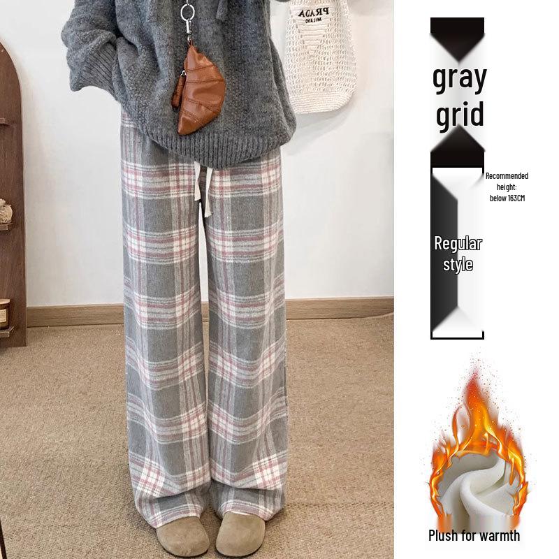 

Korean Style Women s Plaid Wool Pants - Autumn/Winter Soft, Loose, Slimming, Straight & Wide Leg Casual Fit L [110-125 lbs]