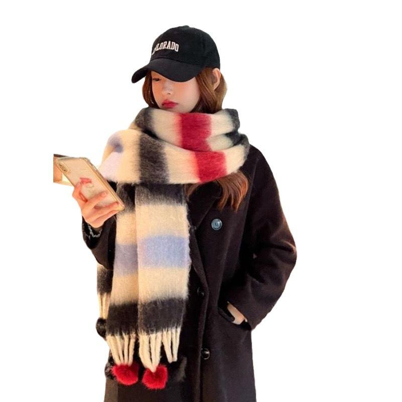 Dopamine Mohair Student Scarf Women's Autumn and Winter Trend Rainbow Striped Scarf Fur Ball To Keep Warm
