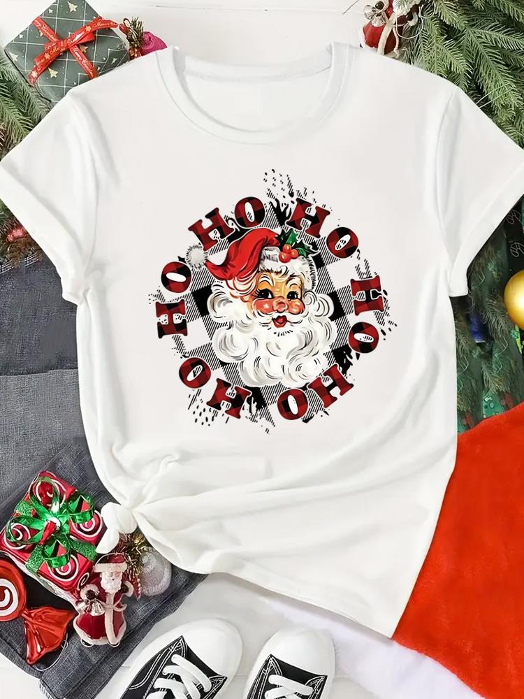 (Asian Size) Print merry Christmas o-neck Women's Top new year T Clothing tree sweet 90s  Short Sleeve T-shirts Fashion holiday Graphic Tee