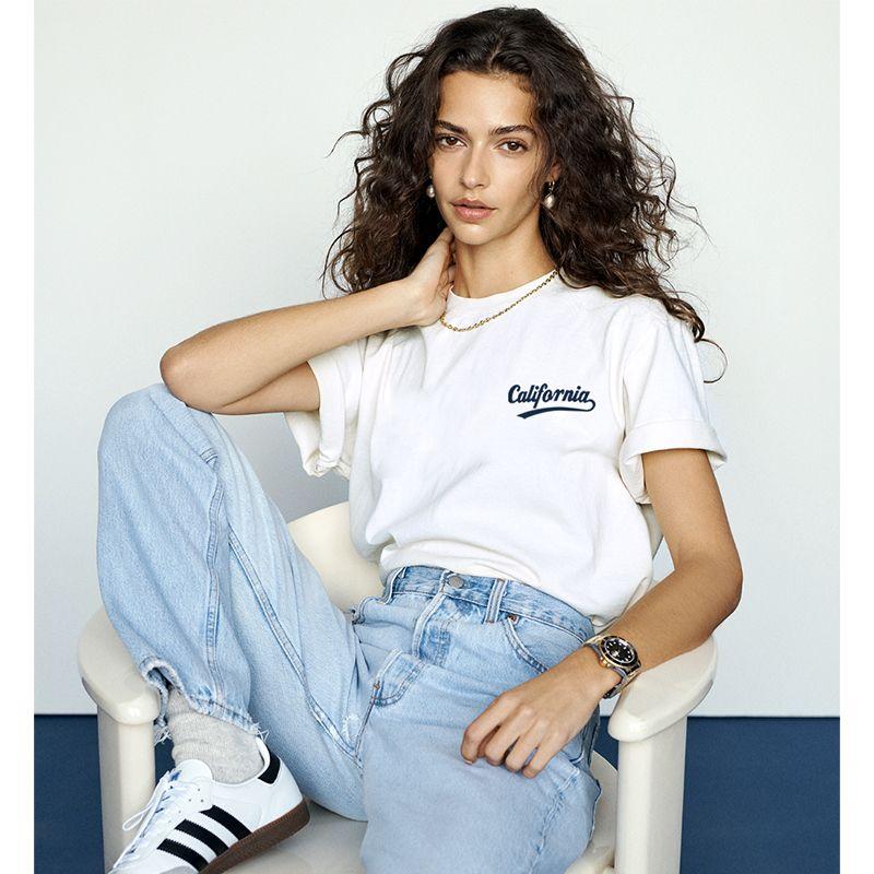 California American Retro Sports Style Fashionable Letters Print Pure Cotton Short Sleeve T-shirt for Women