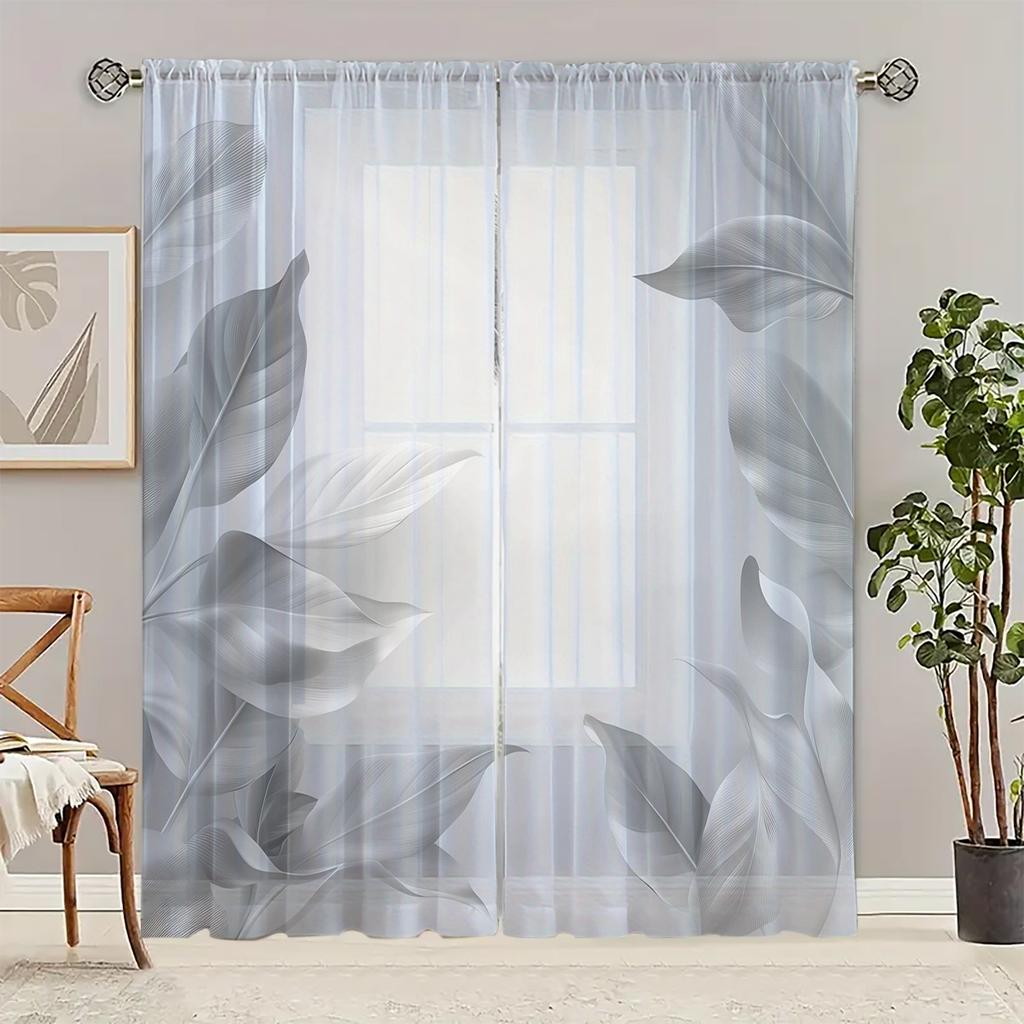 2 pieces HD digital Grey leaves printed window screen home decor style decoration living room bedroom rod
