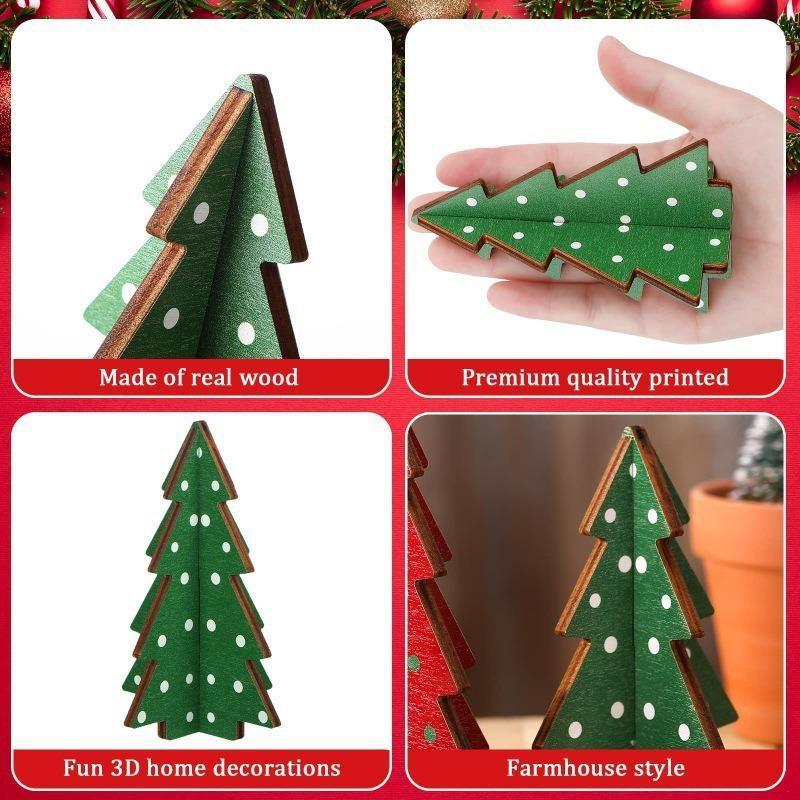 3 Pieces Christmas Decor Plaid Wooden Tabletop Trees 5.5 Inch Height 3D Holiday Home Decorations Set Festive Ornaments