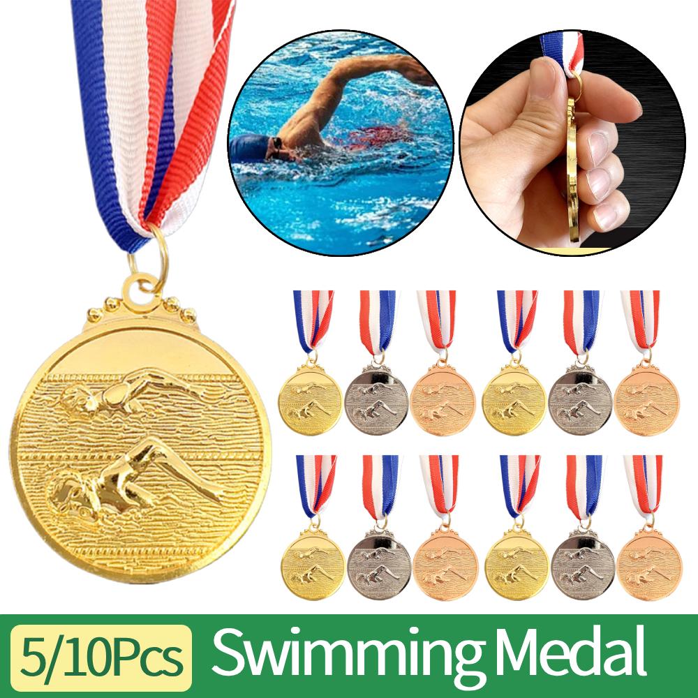 5/10 Pièces Médaille de Natation Médailles de Gagnant en Métal avec Ruban de Cou Médaille Or Argent Bronze 1er 2ème 3ème Prix pour Compétition Sportive