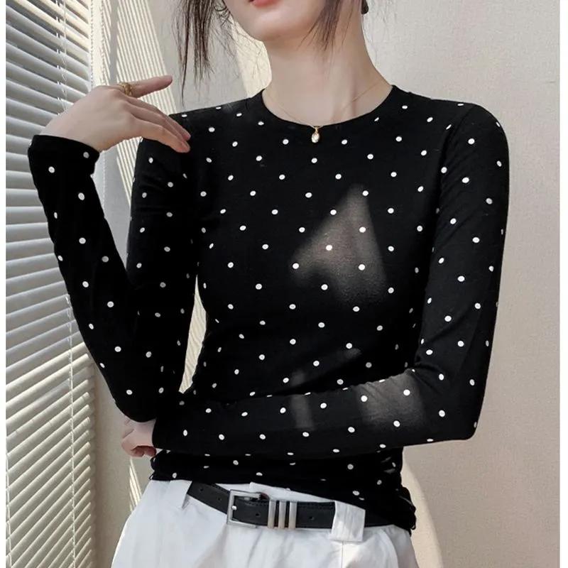 Korean Style Round Neck Polka Dot Long Sleeve T-shirt for Women Autumn Winter New Slim Fit Inner Layering Shirt Top