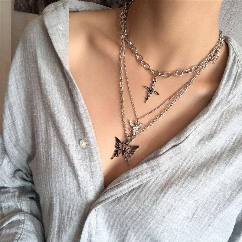 Punk Multi-Layered Chain Necklace Women Silver Butterfly Cross Angel Pendants Hip Hop Grunge Street Jewelry