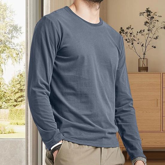Men Fall Spring Top Round Neck Long Sleeves Pure Color Slim Fit Thin